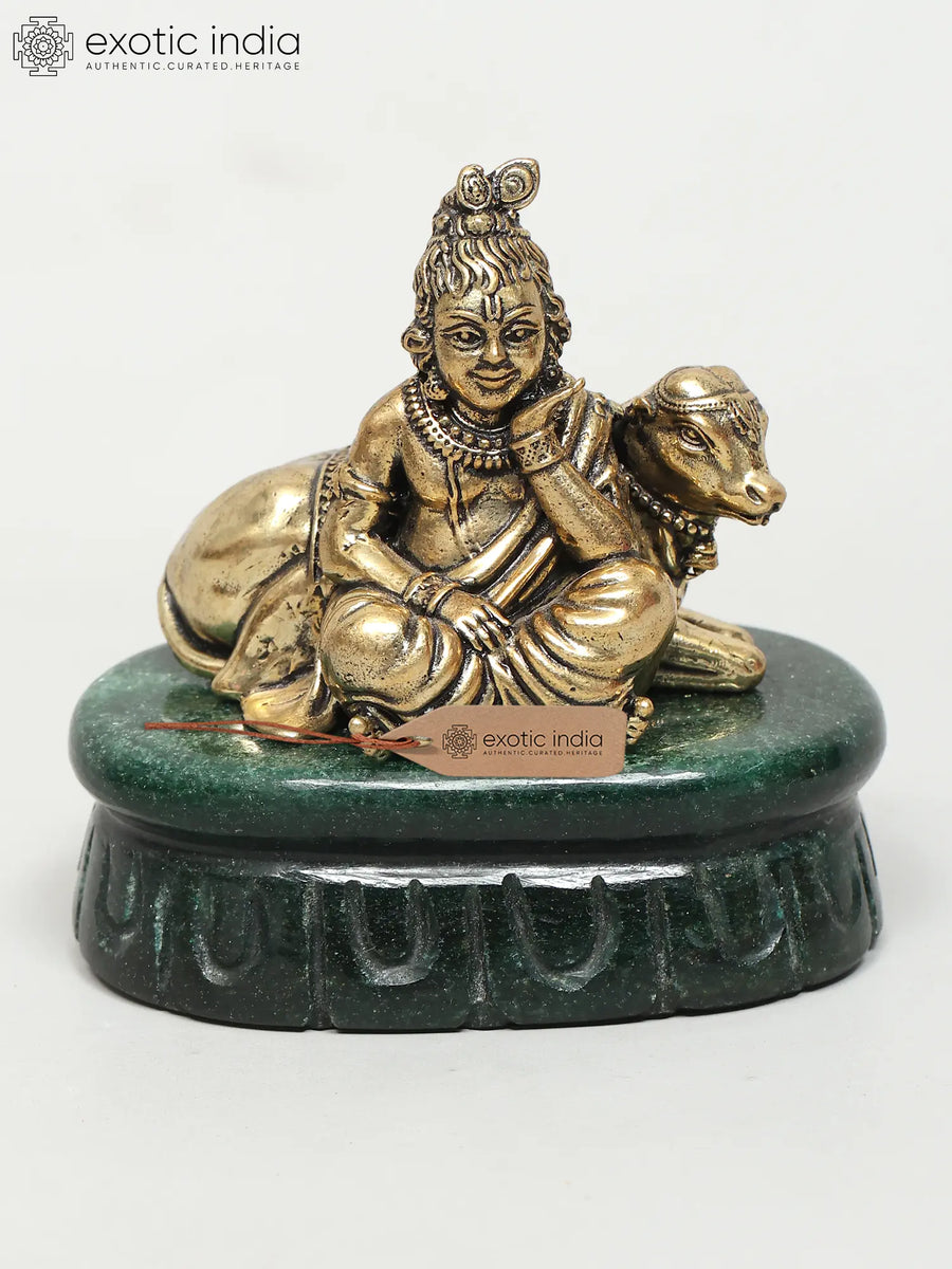 3" Small Brass Handmade Krishna Cow Idol on Jade Base