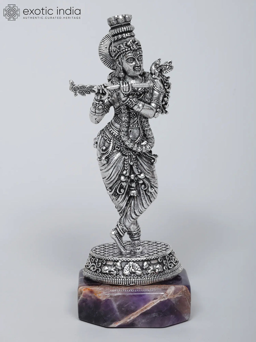 6" Handmade Brass Lord Krishna Statue on Amethyst Gemstone Base