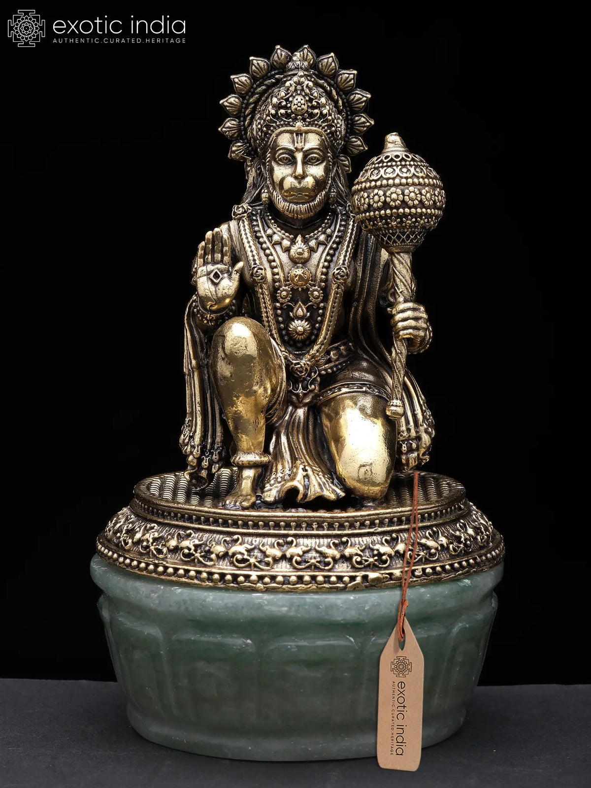 6" Small Brass Superfine Blessing Lord Hanuman on Jade Base