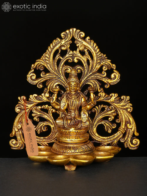 7" Goddess Lakshmi Brass Five Wick Lamp for Pooja