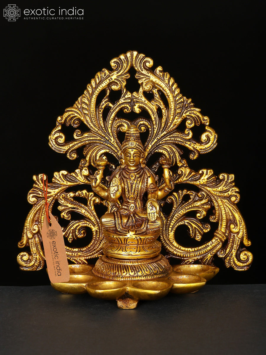 7" Goddess Lakshmi Brass Five Wick Lamp for Pooja