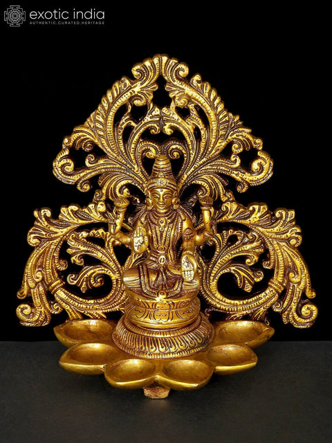 7" Goddess Lakshmi Five Wicks Lamp in Brass