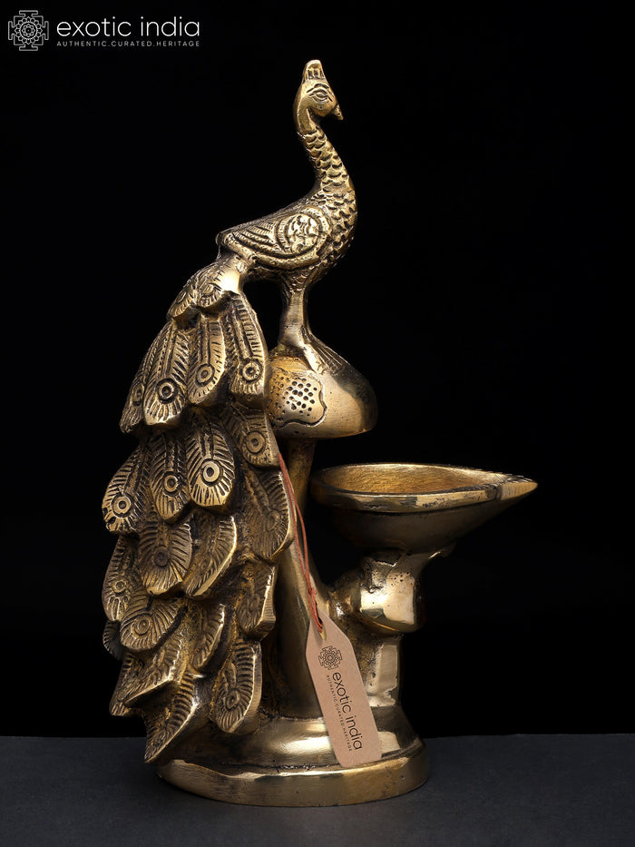 8" Brass Peacock with Diya Statue Handmade Home Decor