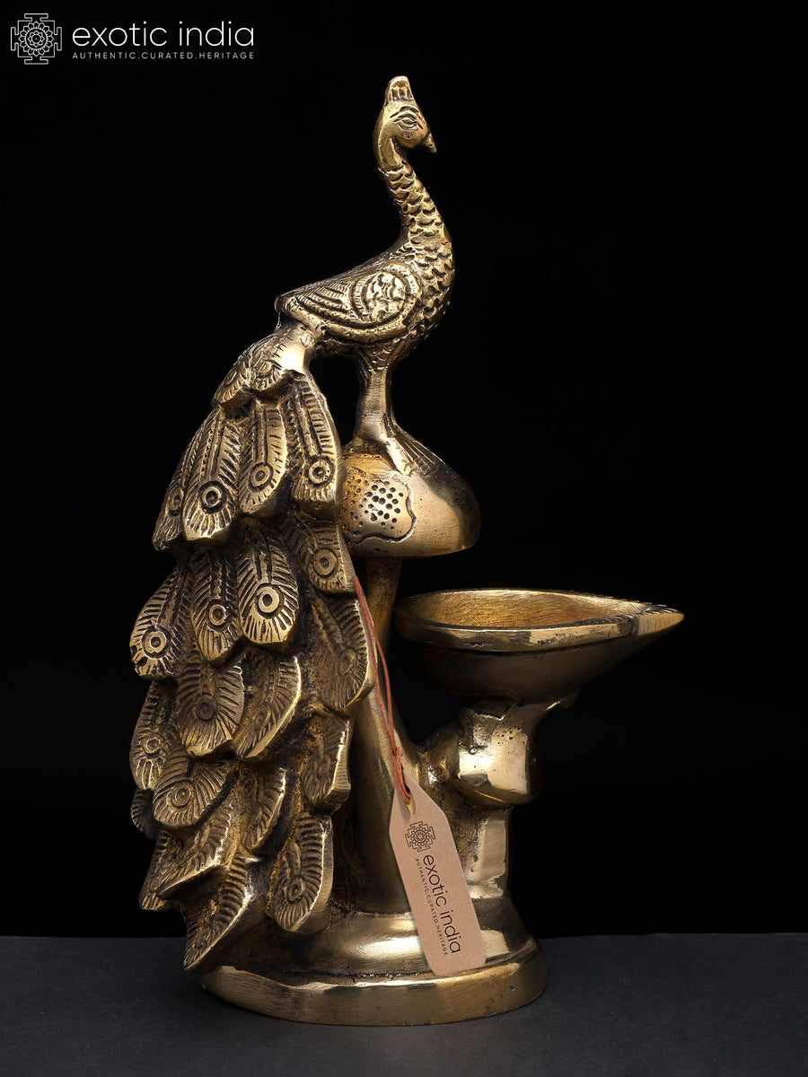 8" Brass Peacock with Diya Statue Handmade Home Decor