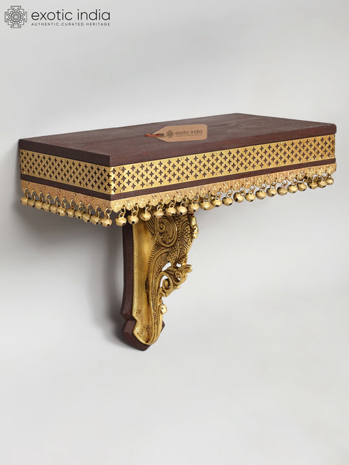 13" Peacock Design Wooden Wall Shelf with Brass Work