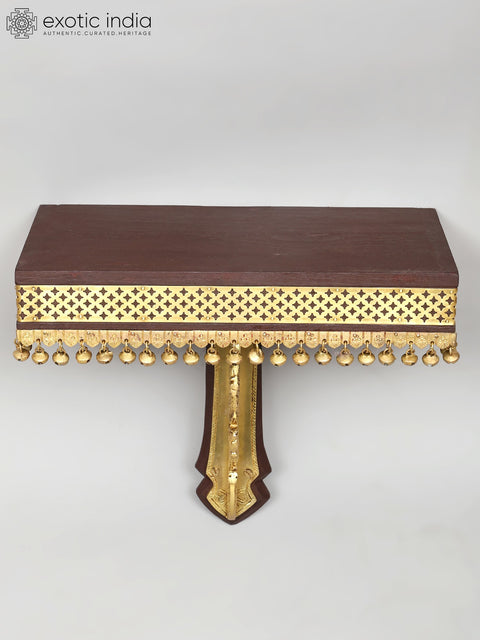 13" Peacock Design Wall Shelf in Wood with Brass Work | Wall Hanging