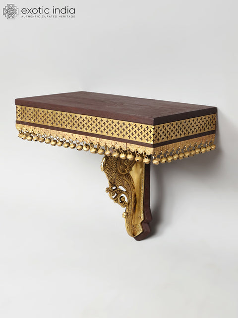 13" Peacock Design Wall Shelf in Wood with Brass Work | Wall Hanging