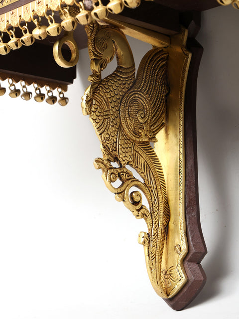 13" Peacock Design Wall Shelf in Wood with Brass Work | Wall Hanging