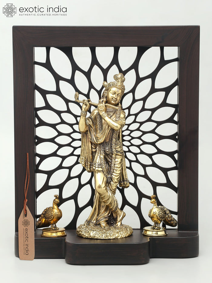 11" Lord Krishna Brass Statue with Peacocks - Designer Wood Frame