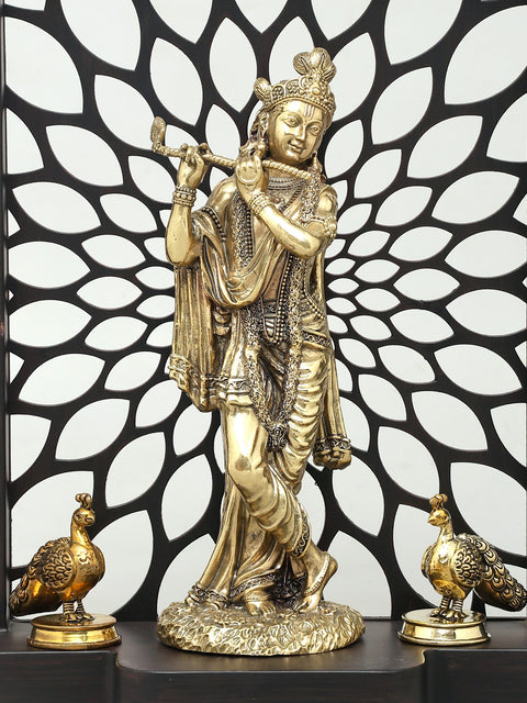 11" Designer Wood Framed Superfine Lord Krishna Statue in Brass with Peacocks