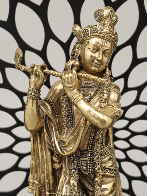 11" Designer Wood Framed Superfine Lord Krishna Statue in Brass with Peacocks