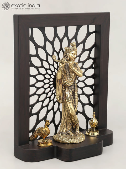 11" Designer Wood Framed Superfine Lord Krishna Statue in Brass with Peacocks