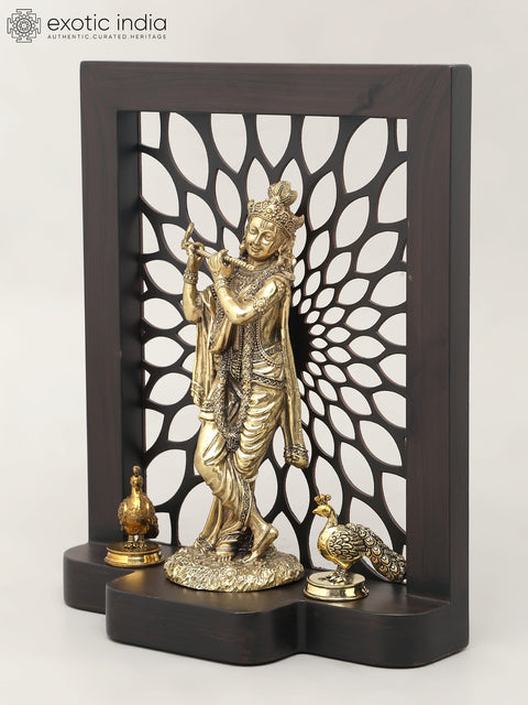 11" Designer Wood Framed Superfine Lord Krishna Statue in Brass with Peacocks