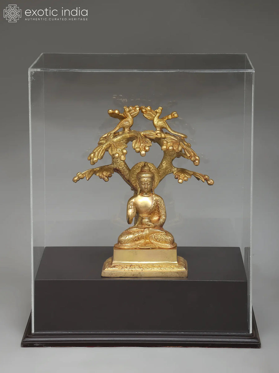 17" Brass Lord Buddha Seated Under Bodhi Tree Statue