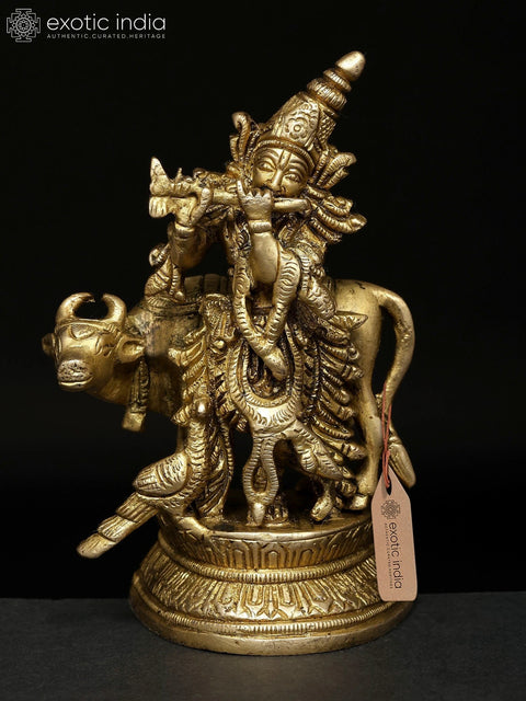 5" Small Fluting Lord Krishna with Cow and Peacock | Brass Statue