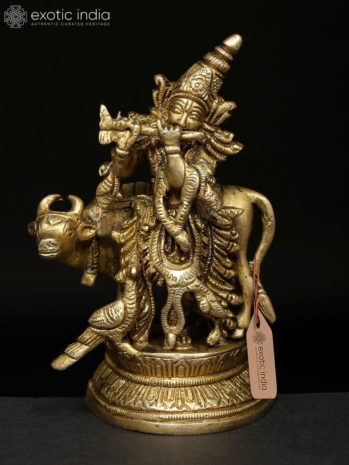 5" Handmade Brass Lord Krishna with Cow and Peacock Statue