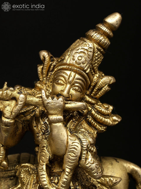 5" Small Fluting Lord Krishna with Cow and Peacock | Brass Statue