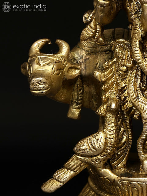 5" Small Fluting Lord Krishna with Cow and Peacock | Brass Statue