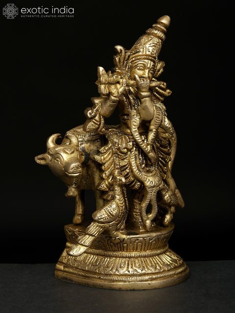 5" Small Fluting Lord Krishna with Cow and Peacock | Brass Statue