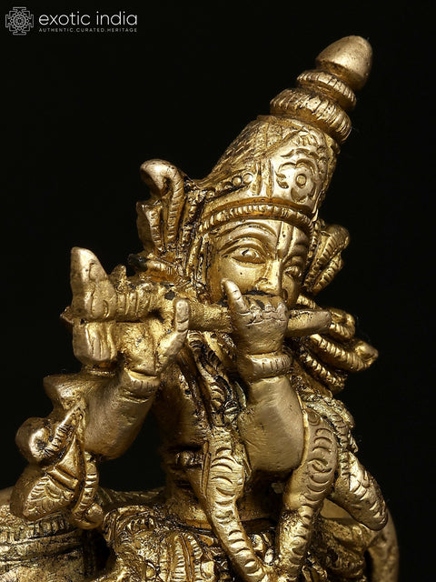 5" Small Fluting Lord Krishna with Cow and Peacock | Brass Statue