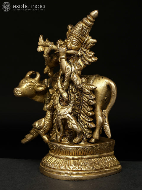 5" Small Fluting Lord Krishna with Cow and Peacock | Brass Statue