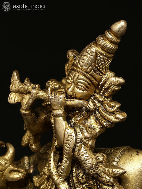 5" Small Fluting Lord Krishna with Cow and Peacock | Brass Statue