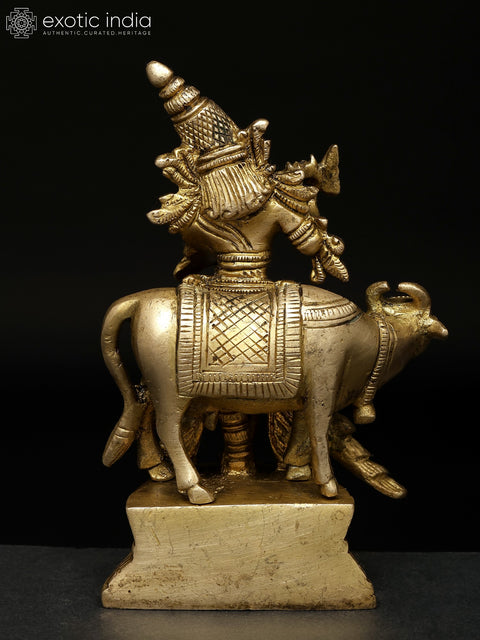 5" Small Fluting Lord Krishna with Cow and Peacock | Brass Statue