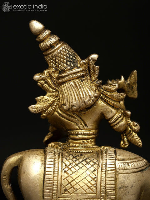 5" Small Fluting Lord Krishna with Cow and Peacock | Brass Statue