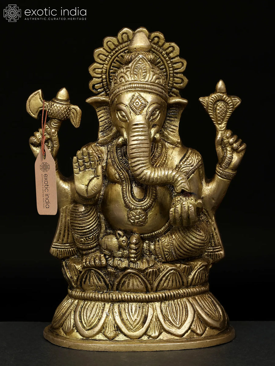 6" Four Armed Blessing Ganesha Brass Statue for Pooja