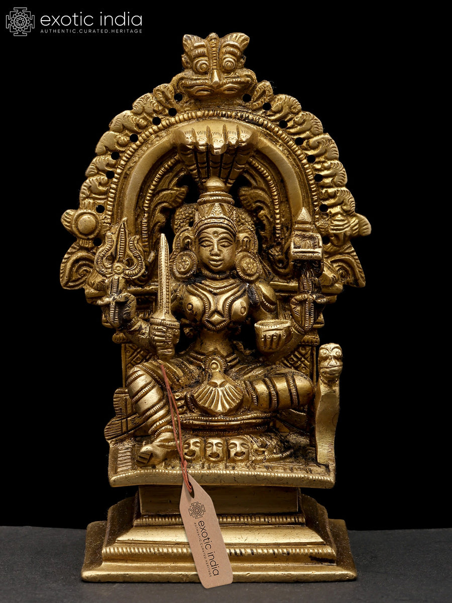 5" Goddess Mariamman Seated Brass Statue on Kirtimukha Throne