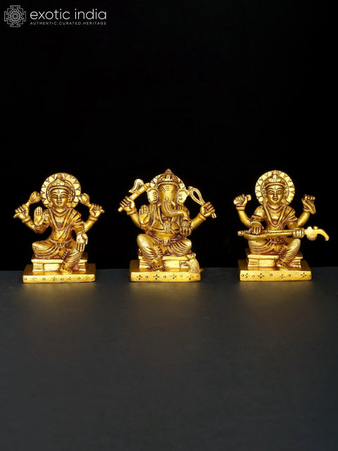 4" Small Set of Lakshmi Ganesha Saraswati | Brass Statues