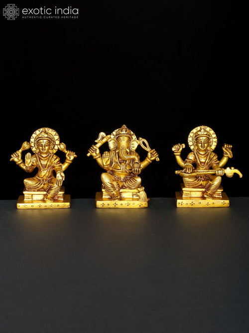 4" Lakshmi Ganesha Saraswati Brass Idol Set for Pooja