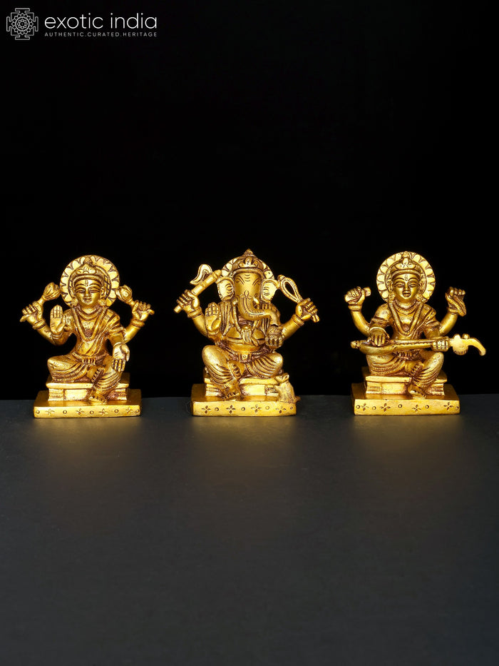 4" Lakshmi Ganesha Saraswati Brass Idol Set for Pooja