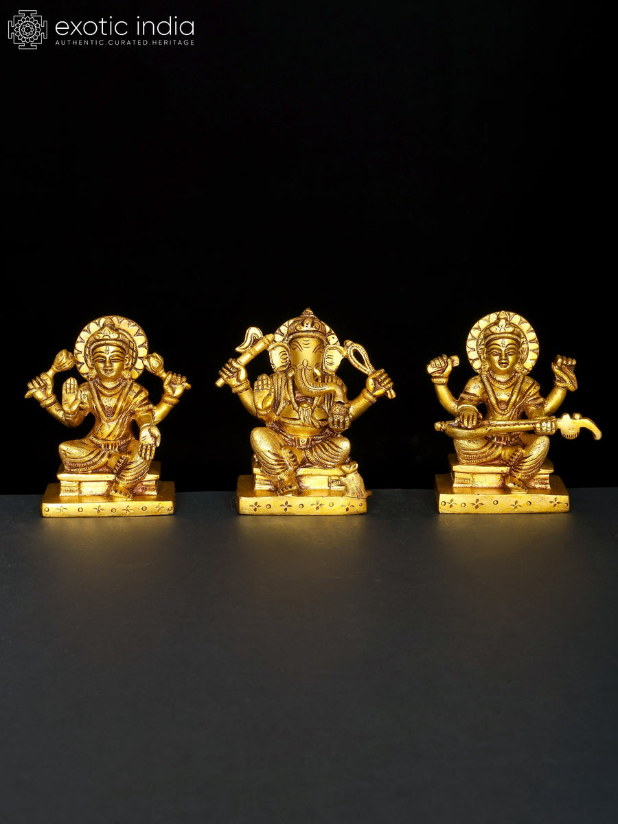 4" Lakshmi Ganesha Saraswati Brass Idol Set for Pooja