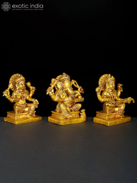 4" Small Set of Lakshmi Ganesha Saraswati | Brass Statues