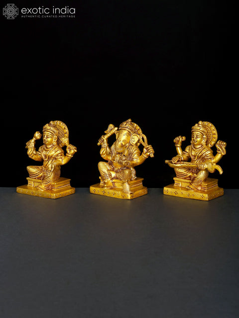 4" Small Set of Lakshmi Ganesha Saraswati | Brass Statues