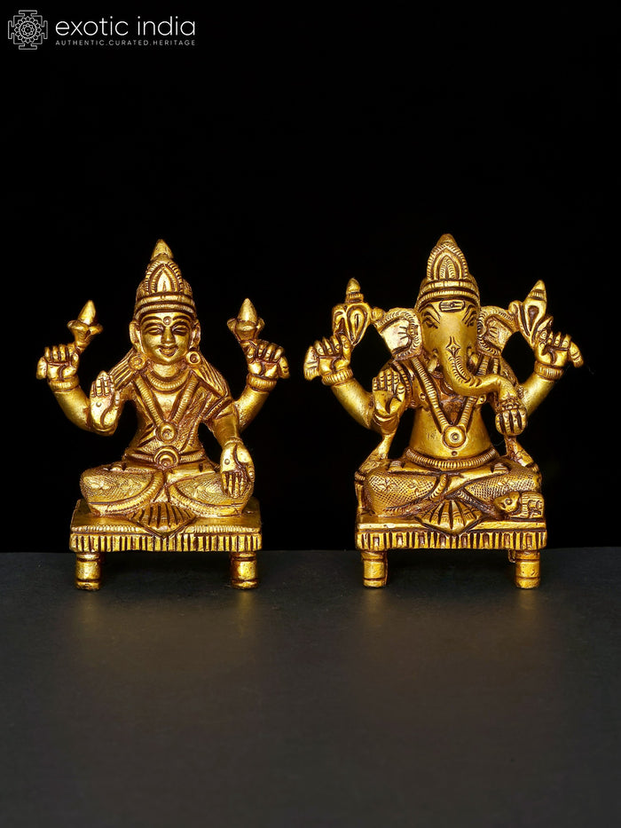 3" Small Lakshmi Ganesha Brass Statue Pair for Pooja