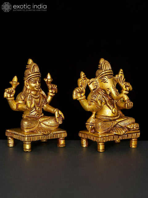 3" Small Pair of Lakshmi - Ganesha Brass Statues | Made In India