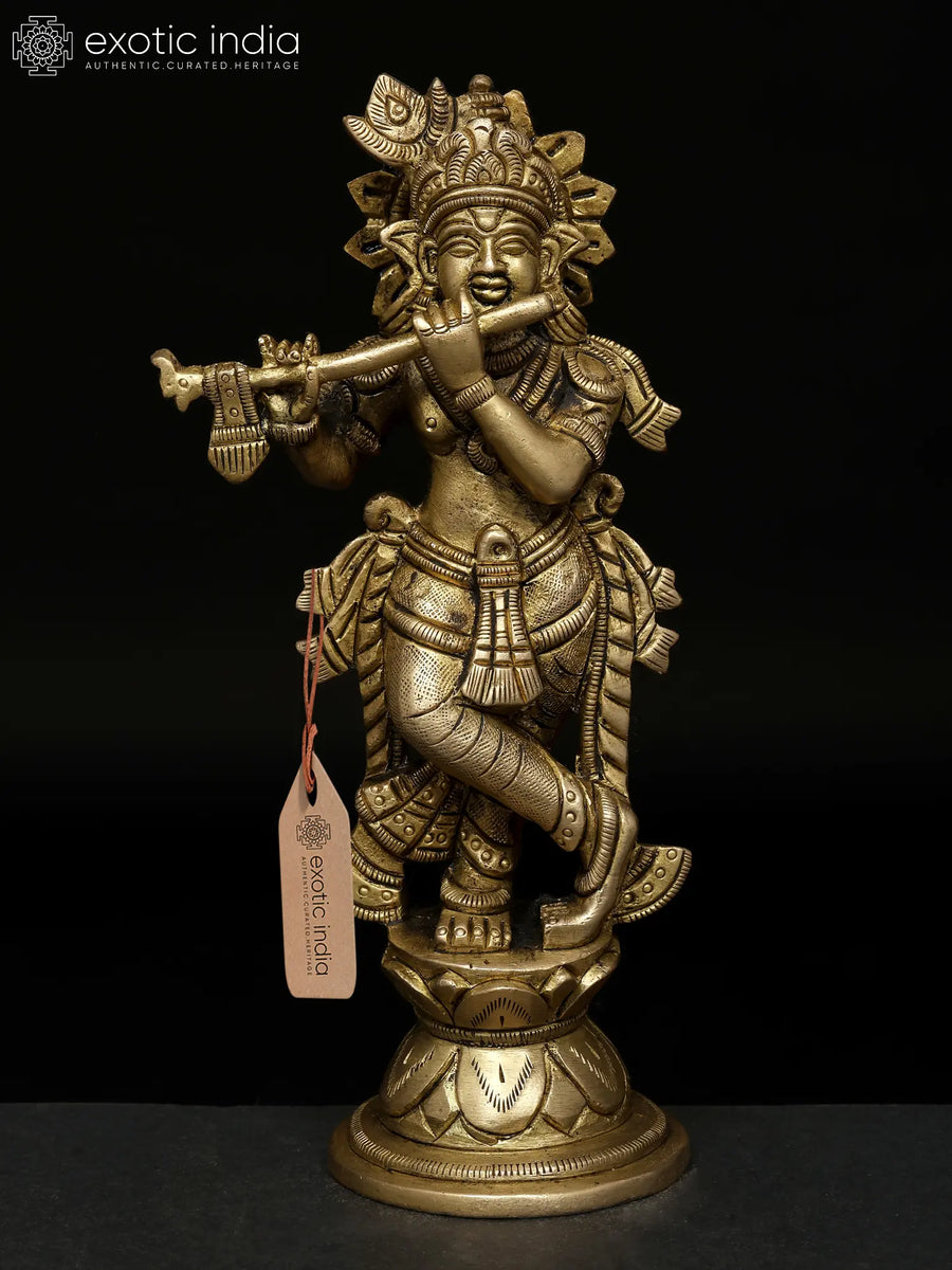 6" Lord Krishna Flute Player Brass Statue for Home Decor