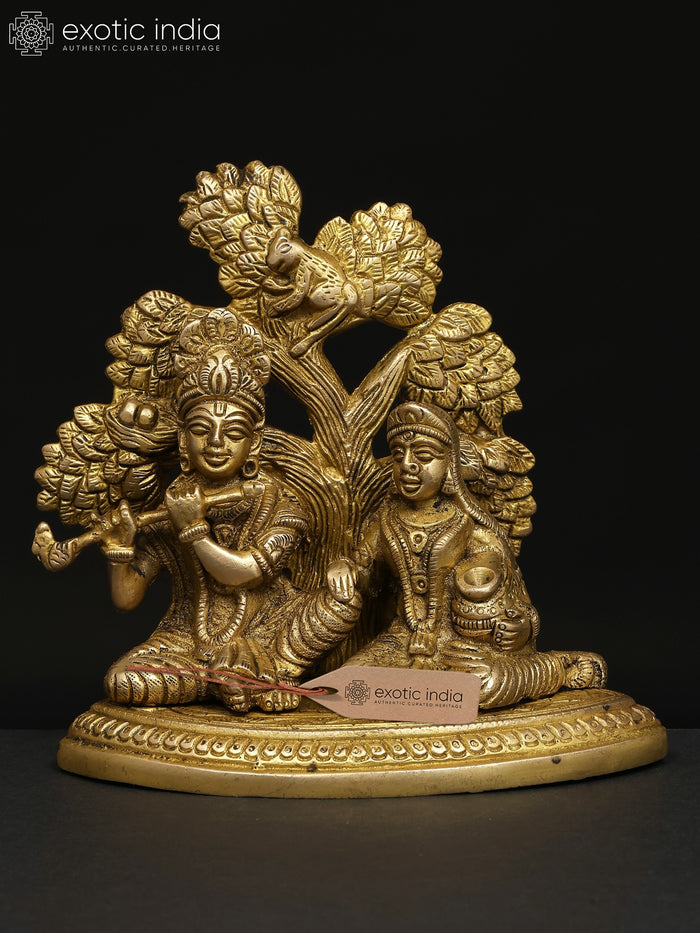 5" Radha Krishna Seated Under Tree Brass Idol for Pooja