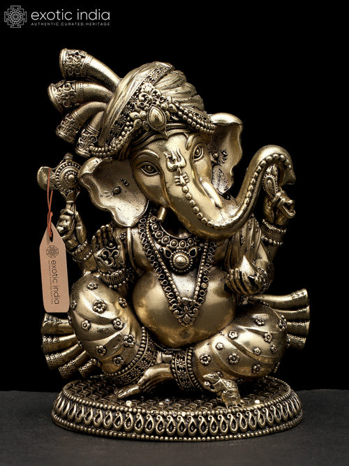 4" Handmade Brass Lord Ganesha Statue with Turban
