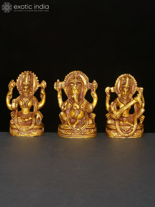 3" Lakshmi Ganesha Saraswati Brass Statue Set for Pooja