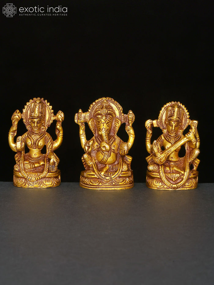 3" Lakshmi Ganesha Saraswati Brass Statue Set for Pooja