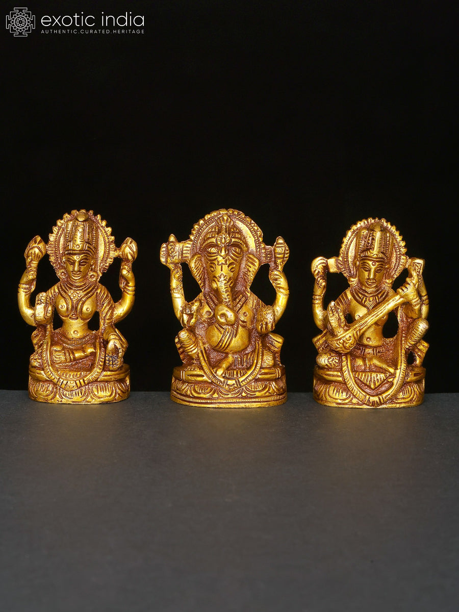 3" Lakshmi Ganesha Saraswati Brass Statue Set for Pooja