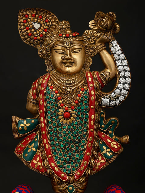 18" Lord Krishna as Shrinathji | Brass Statue with Inlay Work