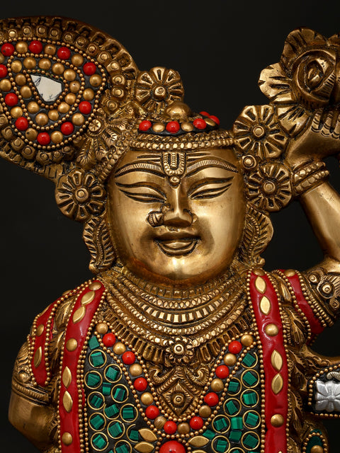 18" Lord Krishna as Shrinathji | Brass Statue with Inlay Work
