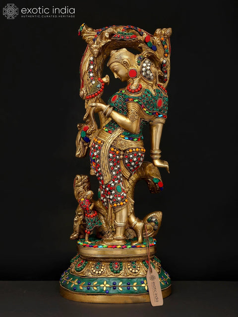 18" Celestial Nymph with Parrot Passing Message | Apsara Brass Statue with Inlay Work