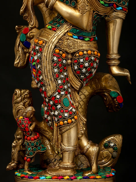 18" Celestial Nymph with Parrot Passing Message | Apsara Brass Statue with Inlay Work