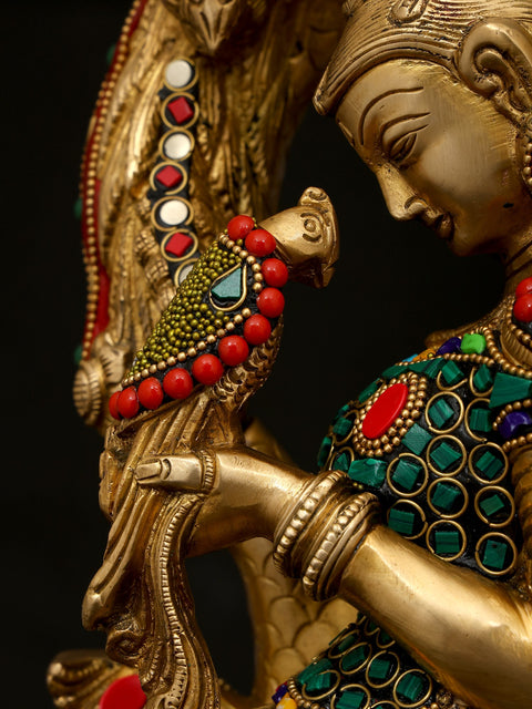 18" Celestial Nymph with Parrot Passing Message | Apsara Brass Statue with Inlay Work