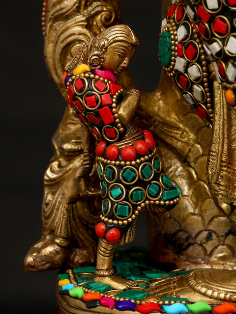 18" Celestial Nymph with Parrot Passing Message | Apsara Brass Statue with Inlay Work